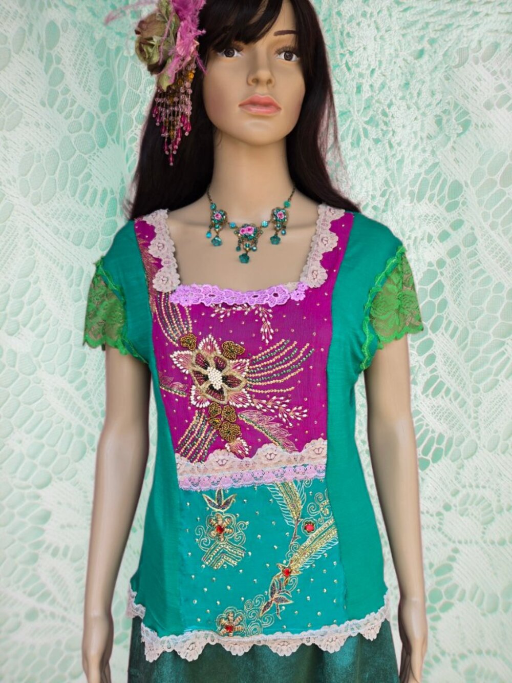 Handmade Bead Embroidered Blouse Green and Raspberry Y2k-Style